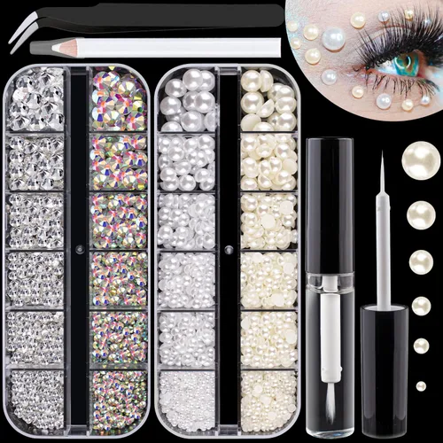 Kit de diamantes de imitación y perlas con parte trasera plana, cristal redondo AB y gemas blancas transparentes+perlas blancas y beige con