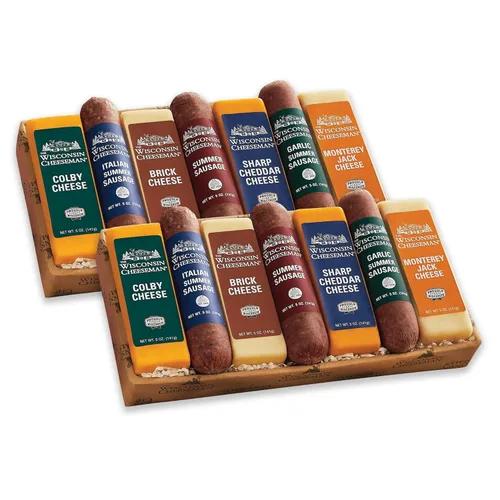 2 Cajas de Regalo Navideñas - The Wisconsin Cheeseman Combo de Carne y Queso - Con Salchichas de Verano Italiana, Original y de Ajo, Colby, Brick,