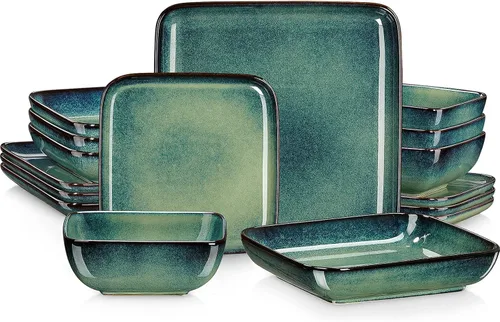 Vista 13 de vancasso Stern Blue Juego de Cena Cuadrado Vajilla de Esmalte Reactivo 12 Piezas Vajilla de Cocina Juego de Loza de Gres con Plato de Cena, Plato