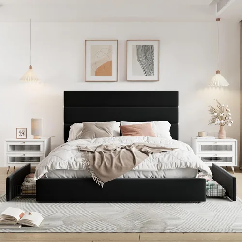 Vista 3 de Allewie Base de cama moderna de tamaño matrimonial con 4 cajones de almacenamiento y cabecera tapizada de terciopelo, soporte de listones de madera