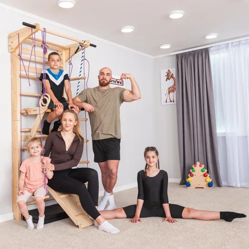Vista 2 de Escalera sueca 8 en 1 parque infantil interior y gimnasio en casa montado en la pared, barras de parada con barra de dominadas, estación