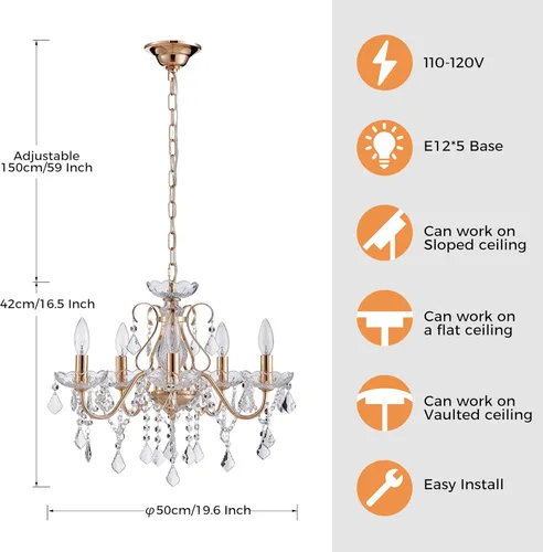 Vista 2 de Saint Mossi - Lámpara de araña de cristal de 5 luces, moderna lámpara colgante de cristal dorado, candelabro de gota de lluvia dorada francesa