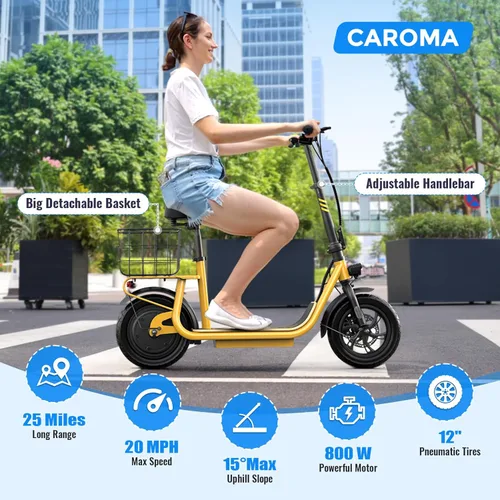 Vista 21 de Caroma Electric Scooter with Seat, Max 30 Miles Range&20MPH Speed, Peak 800/1200W Motor, Foldable Electric Scooter for Adults and Teens, Commuter E