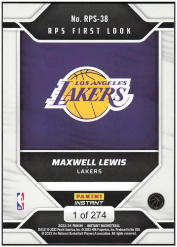 Vista 2 de MAXWELL LEWIS RC 2023-24 Panini Instant RPS First Look ROOKIE /274#RPS-38 Lakers NM+-MT+ NBA Baloncesto