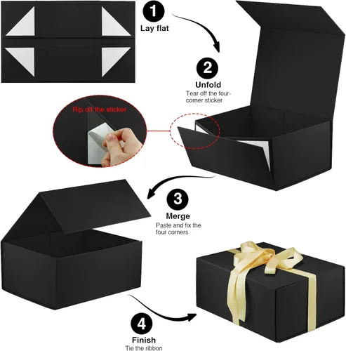 Vista 3 de MOYEUPAC Caja de regalo negra, 9" X 7" X 4" con tapas para regalos, cierre magnético para embalaje de regalo con cinta, caja de regalo