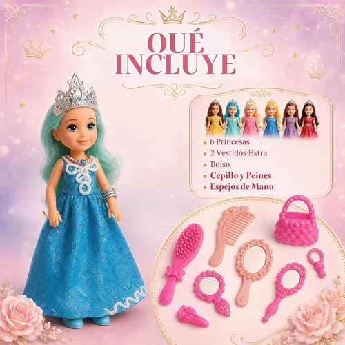 Vista 14 de TOMLEON Juego de muñecas de princesa, 6 muñecas de princesa con vestidos coloridos, coronas y joyas, juego de rol de fantasía para niños