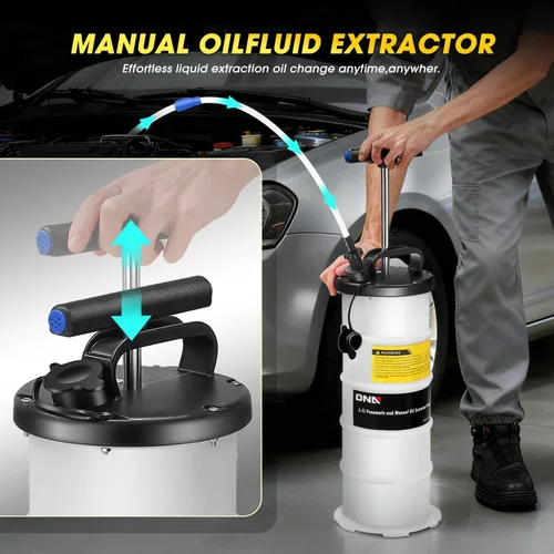 Vista 4 de DNA Motoring Bomba extractora de aceite neumática y manual de 6.5L con manguera de succión de aceite extendida y una manguera de purga de freno