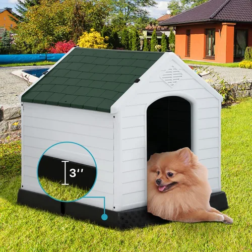 Vista 4 de Casa para perros para interiores y exteriores, impermeable, ventilada, de plástico, jaula de refugio para mascotas con ventilación y suelo elevado