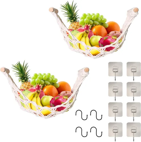 1 hamaca colgante de frutas con ganchos, cesta de plátano tejida debajo del 1pcs