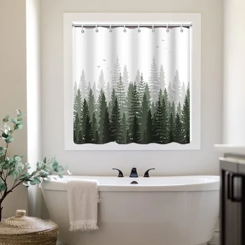 Cortina de ventana de ducha, verde y gris, pequeña cortina corta impermeable para ventana de baño con ganchos, 30 x 36 pulgadas