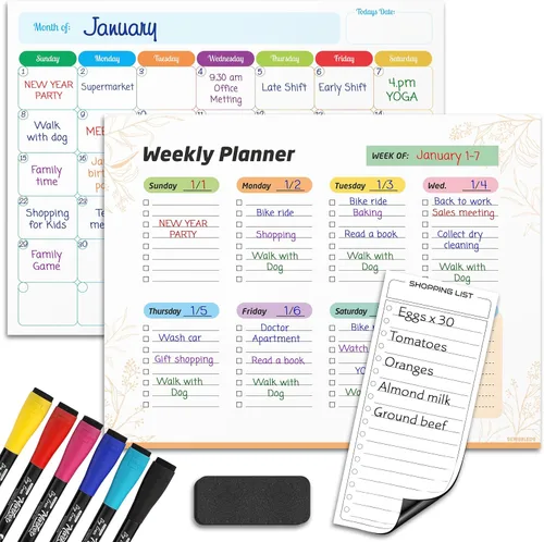 Agenda mensual (paquete de 3) pizarra blanca magnética para refrigerador, calendario semanal de borrado en seco, calendario magnético para