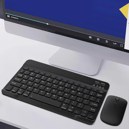 Vista 8 de Combo de teclado y mouse Bluetooth, diseño QWERTY, teclado inalámbrico ultradelgado de 10 pulgadas, sin retrasos, teclado silencioso compatible