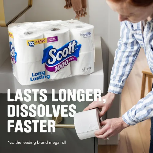 Vista 4 de Scott - 1000 hojas por rollo de papel higiénico, 4 rollos, toallas de baño