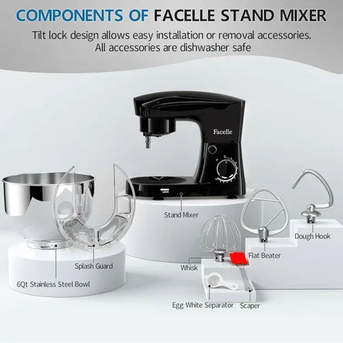 Vista 7 de Facelle Batidora de pie, batidora eléctrica de cocina de 10 velocidades de 6 cuartos de galón, batidora de alimentos de cabeza inclinable