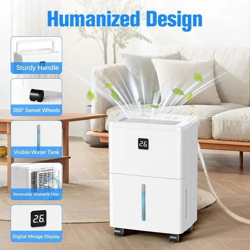 Vista 6 de Deshumidificador DEVERSE Max de 25 pintas para el hogar/dormitorio/sótano, cobertura de 1500 pies cuadrados, con manguera de drenaje, control