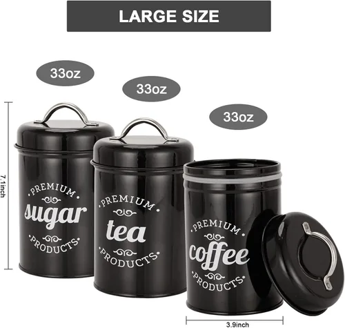 Vista 2 de Juego de 3 tarros de almacenamiento de alimentos, recipiente hermético para café, organizador de té y recipiente de azúcar, decoración rústica