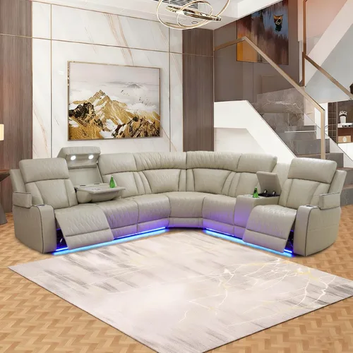 Vista 36 de Juego de sofá modular reclinable eléctrico para sala de estar, juego de sofá reclinable de cuero con luces LED / almacenamiento oculto, sofá en Beige