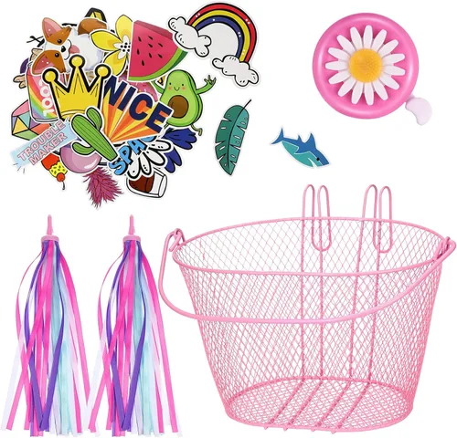 Vista 9 de Juego de serpentinas de cesta de bicicleta para niños, cesta de malla de alambre para bicicleta con 2 piezas de serpentinas coloridas