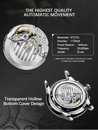 Vista 3 de LOBINNI Reloj automático mecánico de fase lunar para hombre, impermeable, vestido de pulsera de lujo de moda para hombre