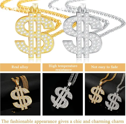 Vista 3 de Tatuo 2 Pieces Plated Chain for Men with Dollar Sign Pendant Necklace, Hip Hop Dollar Necklace