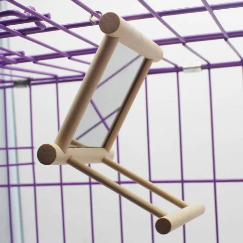 Vista 6 de Litewoo Espejo de pájaro colgante de madera oscilante interactivo juguetes de juego para loros pequeños, guacamayos, periquitos grises africanos