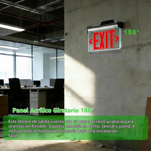 Vista 4 de Señal de salida de emergencia LED de doble cara con batería de respaldo, certificado UL, montaje en techo de pared, espejo acrílico, panel