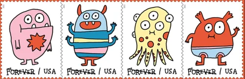 Vista 2 de USPS Sellos postales de primera clase con mensaje de Monstruos para siempre 2021, temática lúdica, cumpleaños, compromiso, nuevo trabajo, fiesta