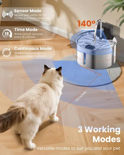 Vista 4 de Fuente de agua inalámbrica para gatos de acero inoxidable con sensor de 3.5L/118 onzas, funciona con pilas, dispensador de agua automático