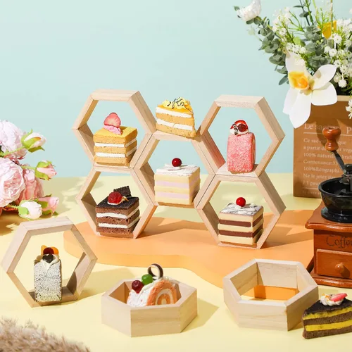 Vista 4 de Kigley 8 piezas de mini panales de panal, soporte hexagonal de madera para pasteles, letrero flotante hexagonal para mesa de baby shower, fiesta