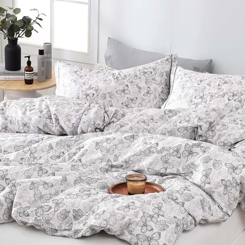 Vista 14 de Juegos de Fundas de Edredón Florales de Algodón 100% Natural de 2 Piezas - Funda de Edredón Blanco Grisáceo con Patrón de Flores y Ramas Lujosas