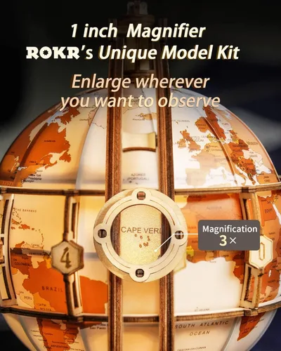 Vista 5 de ROKR Rompecabezas de madera 3D para adultos, rompecabezas de globo de madera con iluminación LED, kits de construcción de modelos, decoración