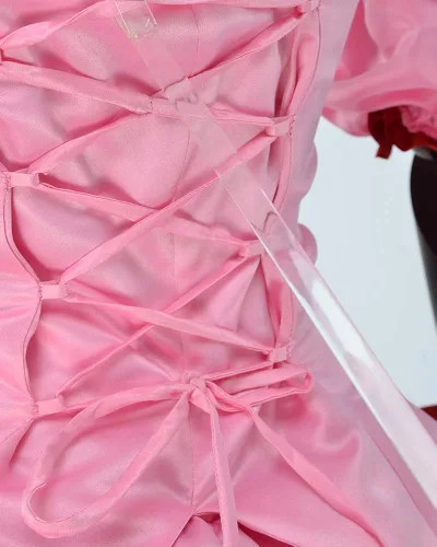 Vista 5 de miccostumes Disfraz de anime para mujer, vestido corto rosa transformado con orejas de gato y cola