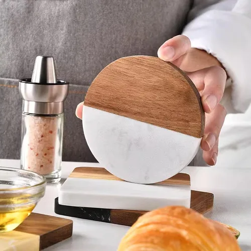 Vista 6 de I-LAN Paquete de 4 posavasos de mármol y madera de acacia, juego de posavasos redondos de madera natural de 4 pulgadas para mesa de café moderna