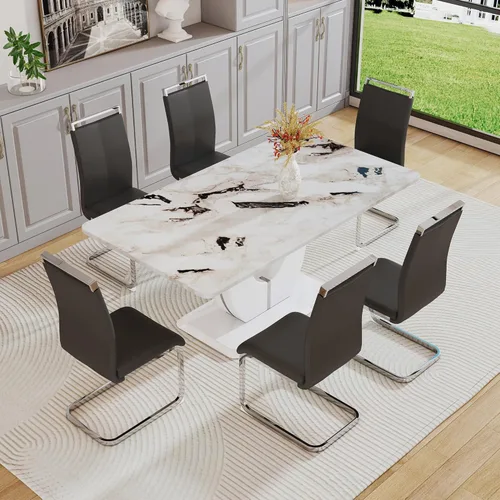 Vista 86 de JUFU Juego de mesa de comedor moderno para 4, juego de mesa de cocina rectangular de 63 pulgadas con mesa de mármol sintético y 4 sillas tapizadas