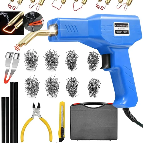 Soldador de plástico, kit de reparación de soldadura de plástico 2 en 1 con 1000 grapas calientes, 4 varillas de soldadura de plástico, cuchillo,