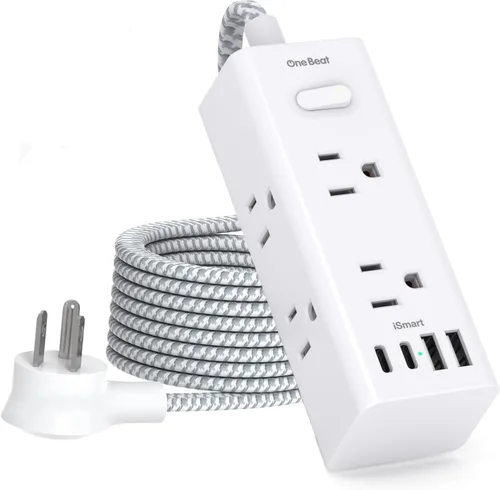 Vista 9 de One Beat Cable de extensión corto de 1 pie, regleta de alimentación de enchufe plano, protector de sobretensiones – 6 salidas amplias con 4 puertos