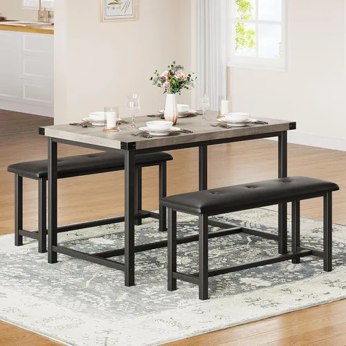 Vista 9 de IDEALHOUSE Juego de mesa de comedor para 4, mesa de cocina con banco tapizado, juego de mesa de comedor rectangular de 3 piezas con 2 bancos