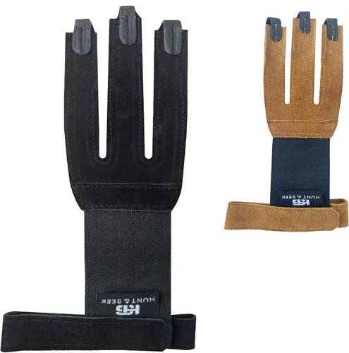 Hunt & Seek Guante de tiro con arco - Guantes de caza de cuero de gamuza para arco recurvo y compuesto - Protector de tres dedos unisex