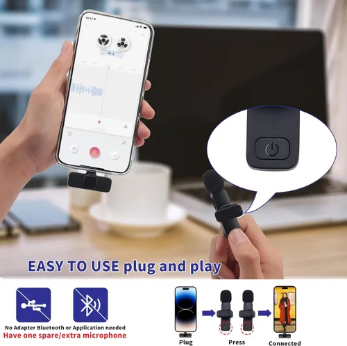 Vista 4 de Paquete de 2 micrófonos inalámbricos Lavalier para iPhone, iPad. Micrófono con clip, micrófonos inalámbricos de sonido cristalino para grabación