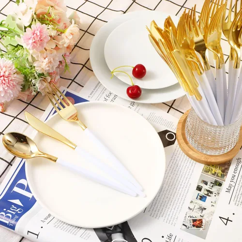 Vista 5 de 100 cubiertos de plástico dorados, cubiertos de plástico, cubiertos dorados desechables con mango blanco, juego de utensilios dorados incluye 100