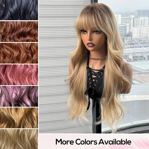 Vista 5 de topshe Peluca ondulada de color rubio ceniza con flequillo, cabello sintético resistente al calor para mujeres, capas de mariposa preestilizadas