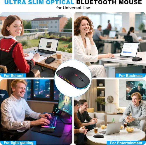 Vista 8 de Mouse inalámbrico Bluetooth para MacBook Air Mac Pro iPad, mouse silencioso recargable LED con receptor USB-A/USB-C de 2.4 GHz y mouse jiggler, Negro