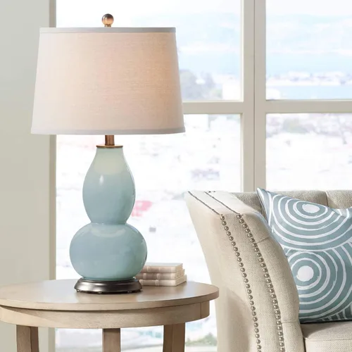 Vista 25 de Color + Plus Double Gourd 28 3/4" Tall Modern End Table Lamp Placid Blue Bronze Finish Glass Single Fabric Off-White Shade Living Room Bedroom