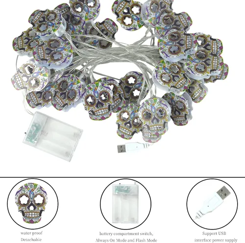 Vista 4 de Guirnalda de luces de Halloween, cadena de luces de calavera para otoño, guirnalda de luces con pilas, alimentación por USB, opcional, 2 modos