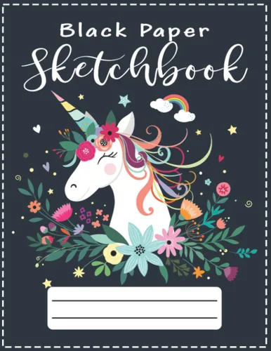 Black Paper Sketchbook Black Page Blank Drawing Pad For Gel Pen, Chalk, Neon Pens For Kids With Unicorn Floral Cover