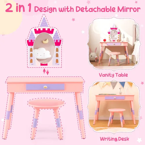 Vista 7 de Costzon Juego de tocador para niños, juego de tocador para niñas con espejo y taburete, tocador de maquillaje de princesa con cajón, tabla