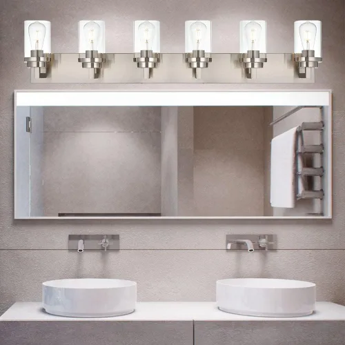 Vista 7 de MELUCEE Luces de baño de 6 luces sobre espejo en níquel cepillado, moderno accesorio de iluminación industrial de pared para baño, cocina, tocador
