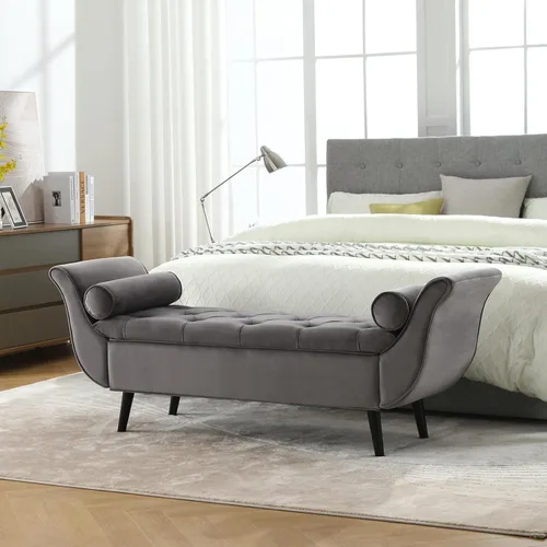 Vista 5 de Banco de almacenamiento para dormitorio, banco de pie de cama, tamaño Queen King, otomano tapizado de terciopelo largo y moderno con brazos