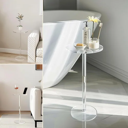 Vista 7 de Mesa de bebida acrílica, pequeña mesa auxiliar redonda para espacios pequeños, mesas auxiliares de pedestal con soporte para teléfono, mesas