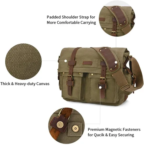 Vista 6 de Kattee Military Messenger Bag Canvas Leather Shoulder Bag Fits 14.715.6 Inch Laptop